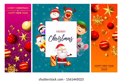 Christmas and New Year postcard set with cartoon characters and baubles. Vector illustration for festive posters, greeting cards, banners