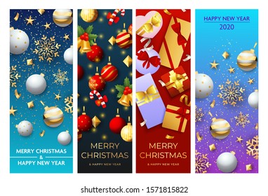 Christmas and New Year postcard set with gifts, baubles, bells, snowflakes, confetti, streamer. Vector illustration for festive posters, greeting cards, vertical banner design