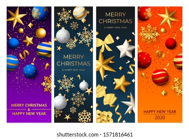 Christmas and New Year postcard set with ribbons and bows, baubles, golden snowflakes, balls, confetti, streamer. Vector illustration for festive posters, greeting cards, vertical banner design