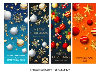 Christmas and New Year postcard set with golden snowflakes, sparkles, confetti, baubles, balls, streamer, candy canes. Vector illustration for festive posters, greeting cards, vertical banner design