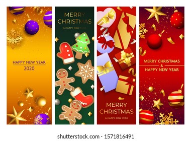 Christmas and New Year postcard set with gingerbread cookies, gifts, confetti, streamer. Vector illustration for festive posters, greeting cards, vertical banner design