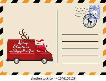 Christmas and New Year Postcard with stamps and mark. Van flies through the night sky above the Earth Santa Claus as the driver delivering gifts. Flat cartoon style vector illustration greeting card