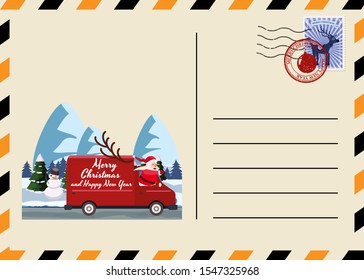 Christmas and New Year Postcard with stamps and mark. Van flies through the night sky above the Earth Santa Claus as the driver delivering gifts. Flat cartoon style vector illustration greeting card
