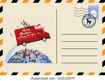 Christmas and New Year Postcard with stamps and mark. Van flies through the night sky above the Earth Santa Claus as the driver delivering gifts. Flat cartoon style vector illustration greeting card