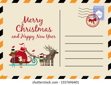 Christmas and New Year Postcard with stamps and mark. Santa sleigh with gifts elves helpers collect gifts. Flat cartoon style vector illustration greeting card poster banner