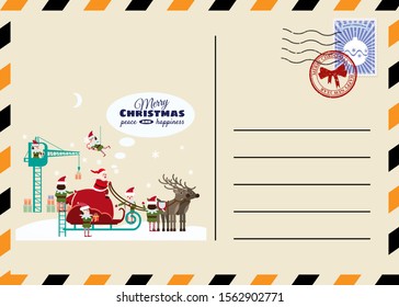 Christmas and New Year Postcard with stamps and mark. Santa sleigh with gifts elves helpers collect gifts. Flat cartoon style vector illustration greeting card poster banner