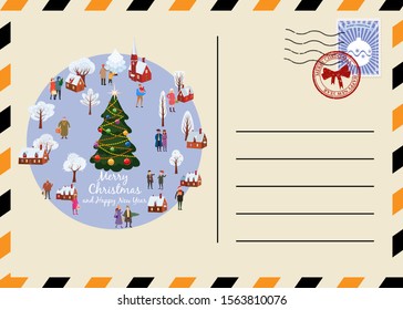 Christmas and New Year Postcard with stamps and mark. Snow village xmass tree market old town. Flat cartoon style vector illustration greeting card poster banner