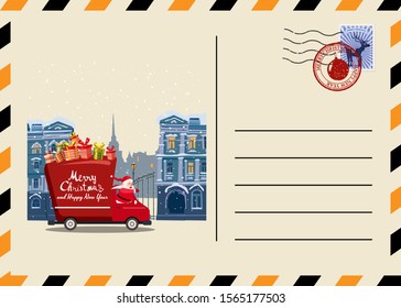 Christmas and New Year Postcard with stamps and mark. Van flies through the night sky above the Earth Santa Claus as the driver delivering gifts. Flat cartoon style vector illustration greeting card