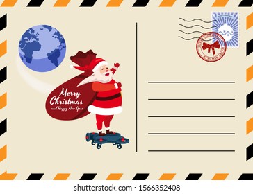 Christmas and New Year Postcard with stamps and mark. Santa Claus bag with gifts Drone flies above the Earth. Flat cartoon style vector illustration greeting card poster banner