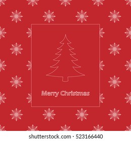 Christmas and new year postcard with tree on snowflake background. Vector illustration greeting card. White silhouette of snowflakes, tree and letters on red background.