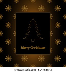 Christmas and new year postcard with tree on snowflake background. Vector illustration greeting card. Gold silhouette of snowflakes, tree and letters on dark background.