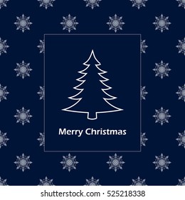 Christmas and new year postcard with tree on snowflake background. Vector illustration greeting card. White silhouette of snowflakes, tree and letters on dark blue background.