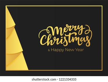 Christmas and New Year postcard. Winter holidays greeting card design made of a black paper background and decorations of a gold foil.
