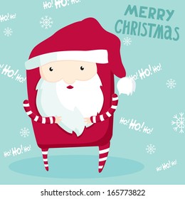 Christmas and New Year postcard. Winter holidays, Santa cartoon character. Snowflakes and hand-drawn lettering on the background. Vector illustration.