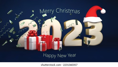 Christmas and new year poster 3d illustration. Realistic 2023 numbers with santa hat and christmas gifts, festive confetti on blue background.