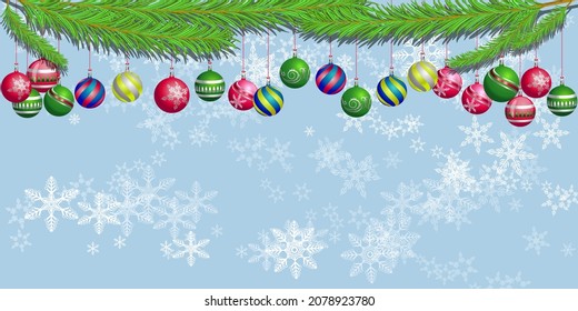 Christmas or New Year poster background with fir branches, vary snowflakes and christmas balls. Winter holiday vector illustration.