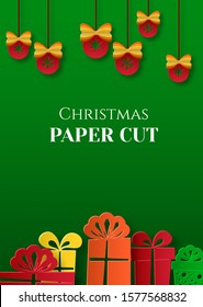Christmas and New Year poster, card in paper cut style. Gifts and balls on a green background. Place for text. Vector illustration