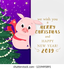 Christmas and New Year poster design. Cartoon piggy with bow and sparkling Xmas tree on violet background. Template can be used for banners, greetings, invitation cards