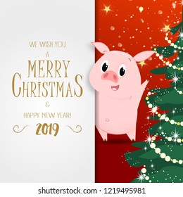 Christmas and New Year poster design. Sparkling Xmas tree and cute pig on red background. Template can be used for banners, greetings, invitation cards