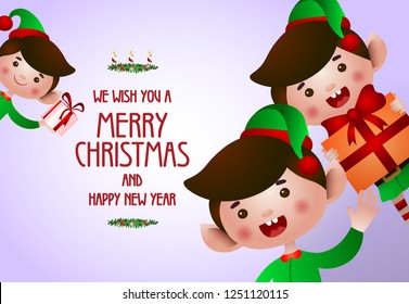 Christmas and New Year poster design. Xmas elves holding gifts and greeting on lilac background. Illustration can be used for banners, flyers, greeting cards