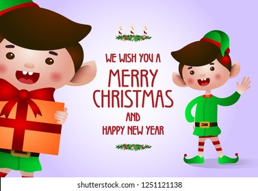 Christmas and New Year poster design. Cheerful elves greeting and holding gifts. Illustration can be used for banners, flyers, greeting cards