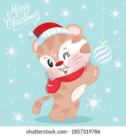 Christmas and New Year poster design. Cute kitty for christmas day. Template can be used for banners, greetings, invitation cards