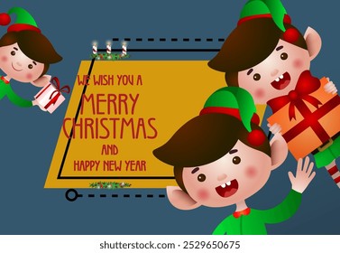 Christmas and New Year poster design. Xmas elves holding gifts and greeting on abstract background. Illustration can be used for banners, flyers, greeting cards
