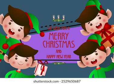 Christmas and New Year poster design. Team of elves holding gifts on abstract background. Illustration can be used for banners, flyers, greeting cards