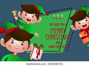 Christmas and New Year poster design. Jolly elves holding gifts and ringing bell on abstract background. Illustration can be used for banners, flyers, greeting cards