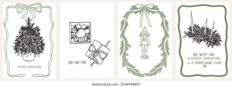 Christmas or new year poster, greeting card or placard set with Retro vintage drawings in doodle line art style. Hand drawn ink drawing of decorated with bows pine tree with ribbon frames or borders.