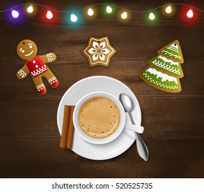 Christmas and New Year poster with light garland gingerbread cookies and cup of coffee vector illustration