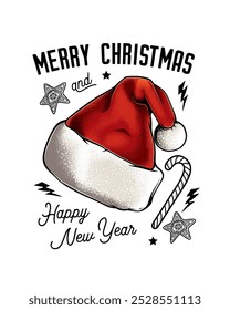 Christmas and New Year poster. Original vector illustration in vintage style. T-shirt design. Hand drawn, not AI