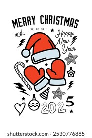 Christmas and New Year poster. Original vector illustration in vintage style. T-shirt design. Hand drawn, not AI