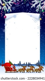 Christmas and New Year poster and page template with white spruce branches, decorations and Santa Claus in a reindeer sleigh against a night winter landscape 
background. Vector Illustration