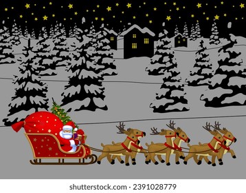 Christmas and New Year poster and page template with Santa Claus in a reindeer sleigh against a night winter landscape background. Vector Illustration