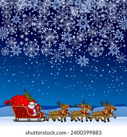 Christmas and New Year poster and page template with Santa Claus in a reindeer sleigh against a night winter landscape background. Vector illustration