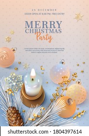Christmas and New Year poster. Realistic composition with a burning candle in a copper candlestick, Christmas balls and cones. 3D vector illustration