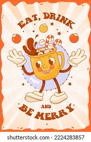 Christmas and New Year poster in retro groove style. Funny cup of Christmas cocoa with marshmallow. Vector illustration
