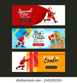 Christmas or New Year poster set with Santa Claus, large sack and gift boxes. Vector flat cartoon illustration. Holiday sale banner design template with hand drawn calligraphy lettering