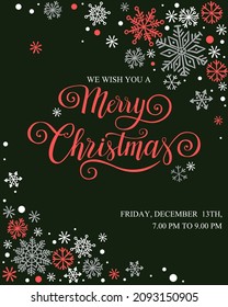 Christmas and New Year poster, snowflakes, hand written lettering Merry Christmas, vector holiday illustration, template for greeting card, invitation, poster.