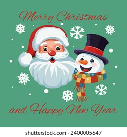 Christmas and New Year poster. Symbols of winter holidays celebration: snowflakes, cheerful Santa Claus, Snowman. Merry Christmas and Happy New Year text. Vector illustration.