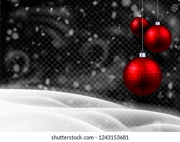 Christmas and New Year poster template with red Christmas balls, winter landscape, snow and blizzard. Vector transparent background.