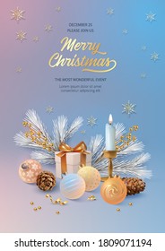 Christmas and New Year poster template. Christmas decorations with burning candle and a gift with golden bow in 3d realistic style