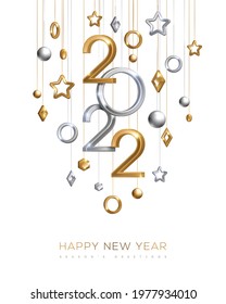 Christmas and New Year poster template with hanging gold and silver 3d baubles and 2022 numbers on white background. Vector illustration. Winter holiday geometric decorations, place for text