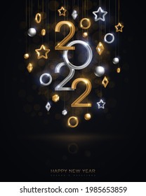 Christmas and New Year poster template with hanging gold and silver 3d baubles and 2022 numbers on black background. Vector illustration. Winter holiday geometric decorations, place for text