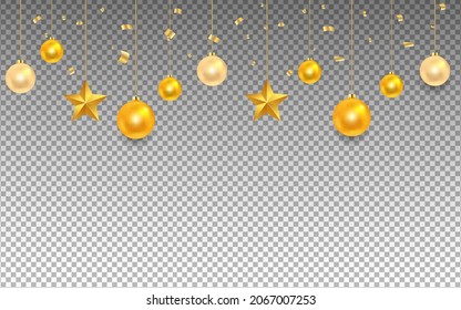 Christmas and New Year poster template with shining gold balls, stars and confetti on transparent background. Vector illustration EPS10