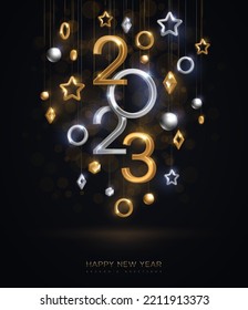 Christmas New Year poster template, hanging gold and silver 3d baubles, 2023 numbers on black background. Vector illustration. Winter holiday elegant decor, brochure voucher layout, place for text