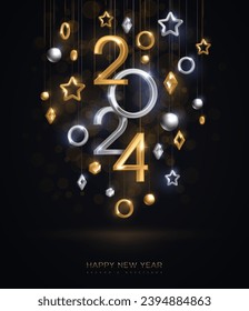 Christmas New Year poster template, hanging gold and silver 3d baubles, 2024 numbers on black background. Vector illustration. Winter holiday elegant decor, brochure voucher layout, place for text