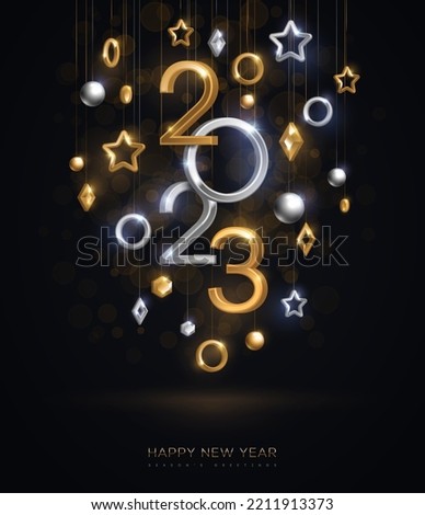 Christmas New Year poster template, hanging gold and silver 3d baubles, 2023 numbers on black background. Vector illustration. Winter holiday elegant decor, brochure voucher layout, place for text