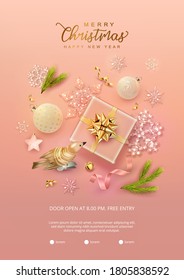 Christmas and new year poster. Top view of an arrangement of Christmas decorations